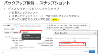 バックアップ機能 – スナップショット
• ディスクイメージをS3へバックアップ
 自動スナップショット
 手動スナップショット：ユーザが任意のタイミングで実行
 テーブル単位でのリストア可能に
マネジメントコンソールから“Take Snapshot”を選択し、
任意のIDを付けるだけでバックアップ開始
New!!
53
 