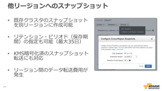 他リージョンへのスナップショット
• 既存クラスタのスナップショット
を別リージョンに作成可能
• リテンション・ピリオド（保存期
間）の指定も可能（最大35日）
• KMS暗号化済のスナップショット
転送にも対応
• リージョン間のデータ転送費用が
発生
54
 