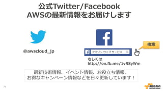 公式Twitter/Facebook
AWSの最新情報をお届けします
@awscloud_jp
検索
最新技術情報、イベント情報、お役立ち情報、
お得なキャンペーン情報などを日々更新しています！
もしくは
http://on.fb.me/1vR8yWm
74
 