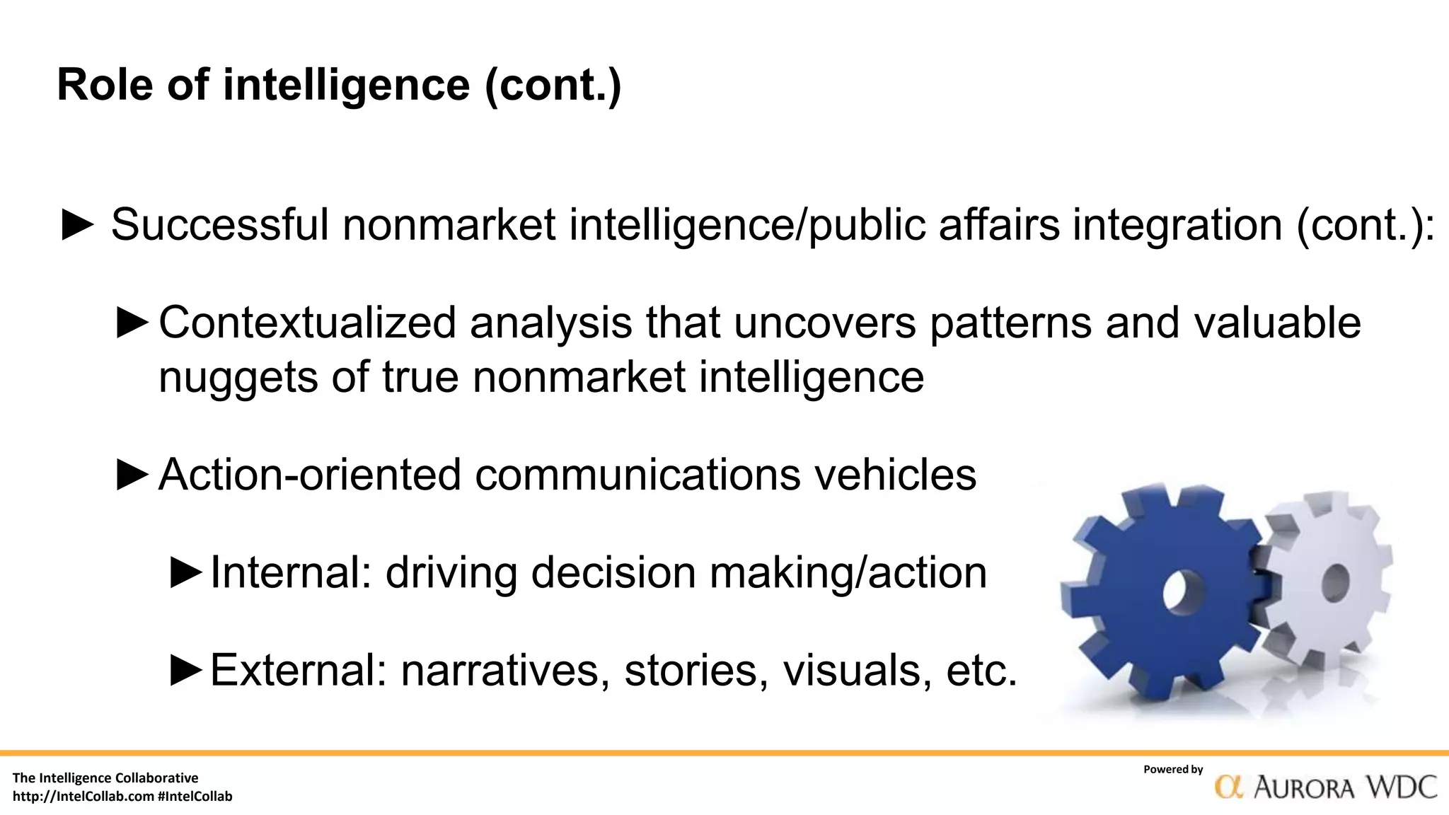 The Intelligence Collaborative
http://IntelCollab.com #IntelCollab
Powered by
Role of intelligence (cont.)
► Successful nonmarket intelligence/public affairs integration (cont.):
►Contextualized analysis that uncovers patterns and valuable
nuggets of true nonmarket intelligence
►Action-oriented communications vehicles
►Internal: driving decision making/action
►External: narratives, stories, visuals, etc.
 