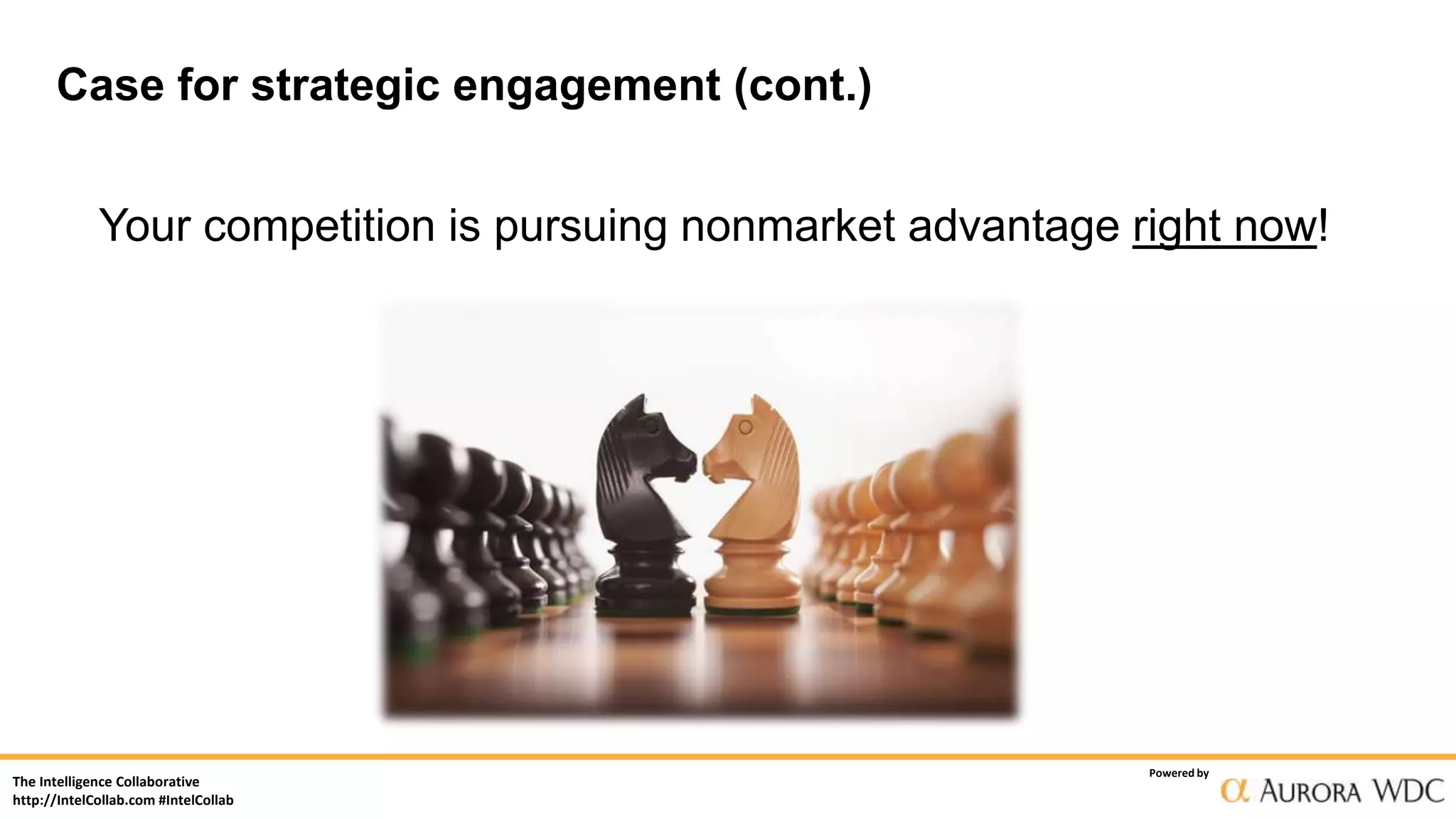 The Intelligence Collaborative
http://IntelCollab.com #IntelCollab
Powered by
Your competition is pursuing nonmarket advantage right now!
Case for strategic engagement (cont.)
 