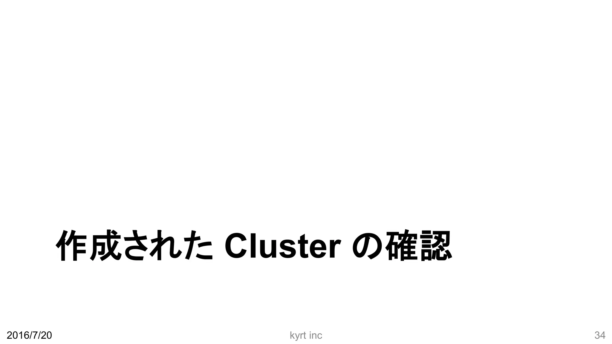 作成された Cluster の確認
2016/7/20 kyrt inc 34
 