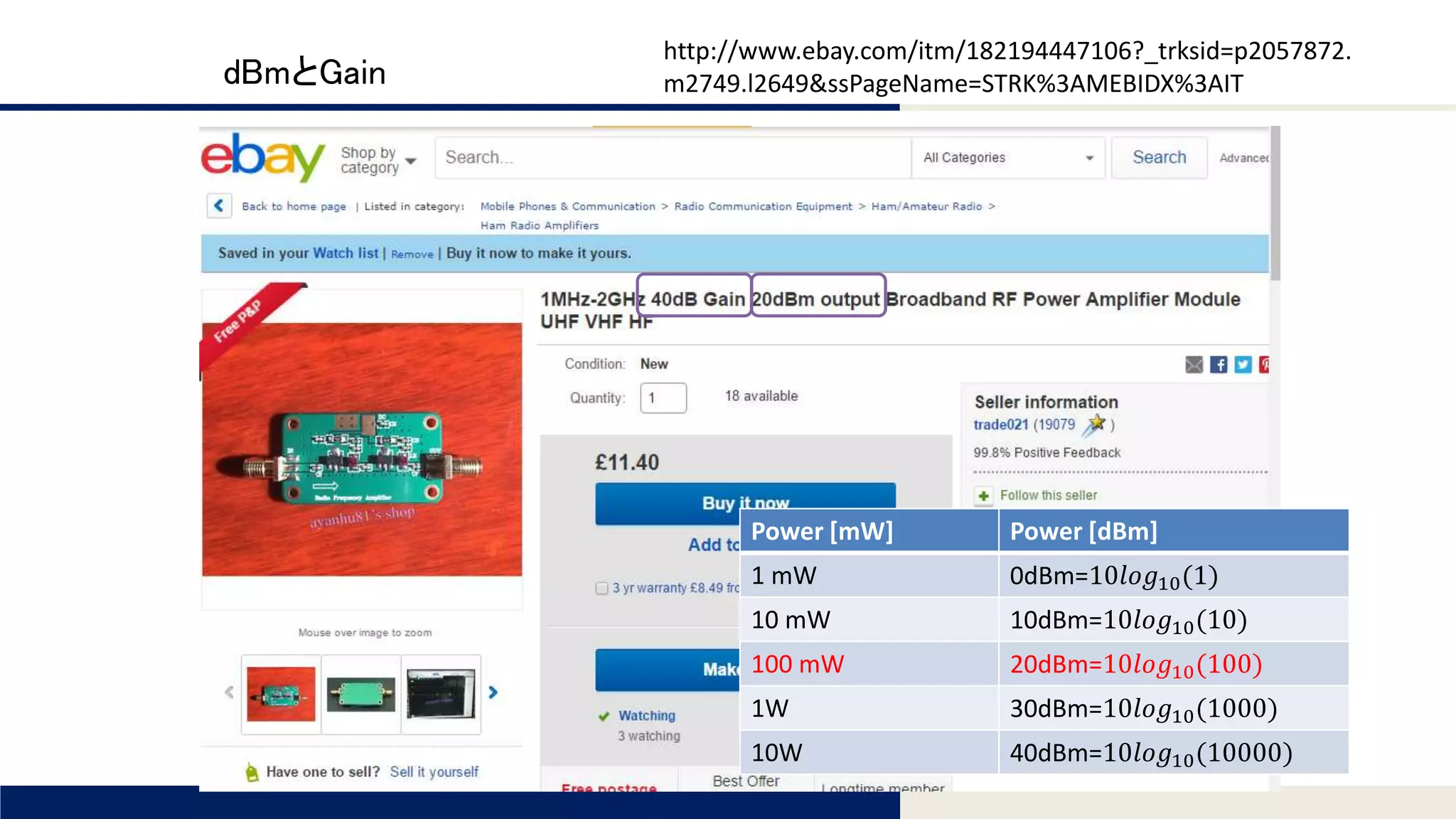 Tomomi Research Inc.
dBmとGain
Power [mW] Power [dBm]
1 mW 0dBm=10𝑙𝑜𝑔10(1)
10 mW 10dBm=10𝑙𝑜𝑔10(10)
100 mW 20dBm=10𝑙𝑜𝑔10(100)
1W 30dBm=10𝑙𝑜𝑔10(1000)
10W 40dBm=10𝑙𝑜𝑔10(10000)
http://www.ebay.com/itm/182194447106?_trksid=p2057872.
m2749.l2649&ssPageName=STRK%3AMEBIDX%3AIT
 