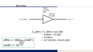 Tomomi Research Inc.
dBmとGain
Power
Amplifier
(PA)
Gain (G)
= 25 [dB]
Pin= 1 mW Pout= ?
Pout[dBm] = Pin [dBm] + Gain [dB]
= 0 [dBm] + 25 [dB]
= 25 [dBm]
= 10 ^ (25/10) = 316.22 [mW]𝑑𝐵𝑚 = 10𝑙𝑜𝑔10 𝑚𝑊
𝑚𝑊 = 10
𝑑𝐵𝑚
10
 