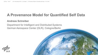 A Provenance Model for Quantified Self Data
Andreas Schreiber
Department for Intelligent and Distributed Systems
German Aerospace Center (DLR), Cologne/Berlin
> HCI International 2016 > A. Schreiber • A Provenance Model for Quantified Self Data > 21.07.2016DLR.de • Chart 1
 