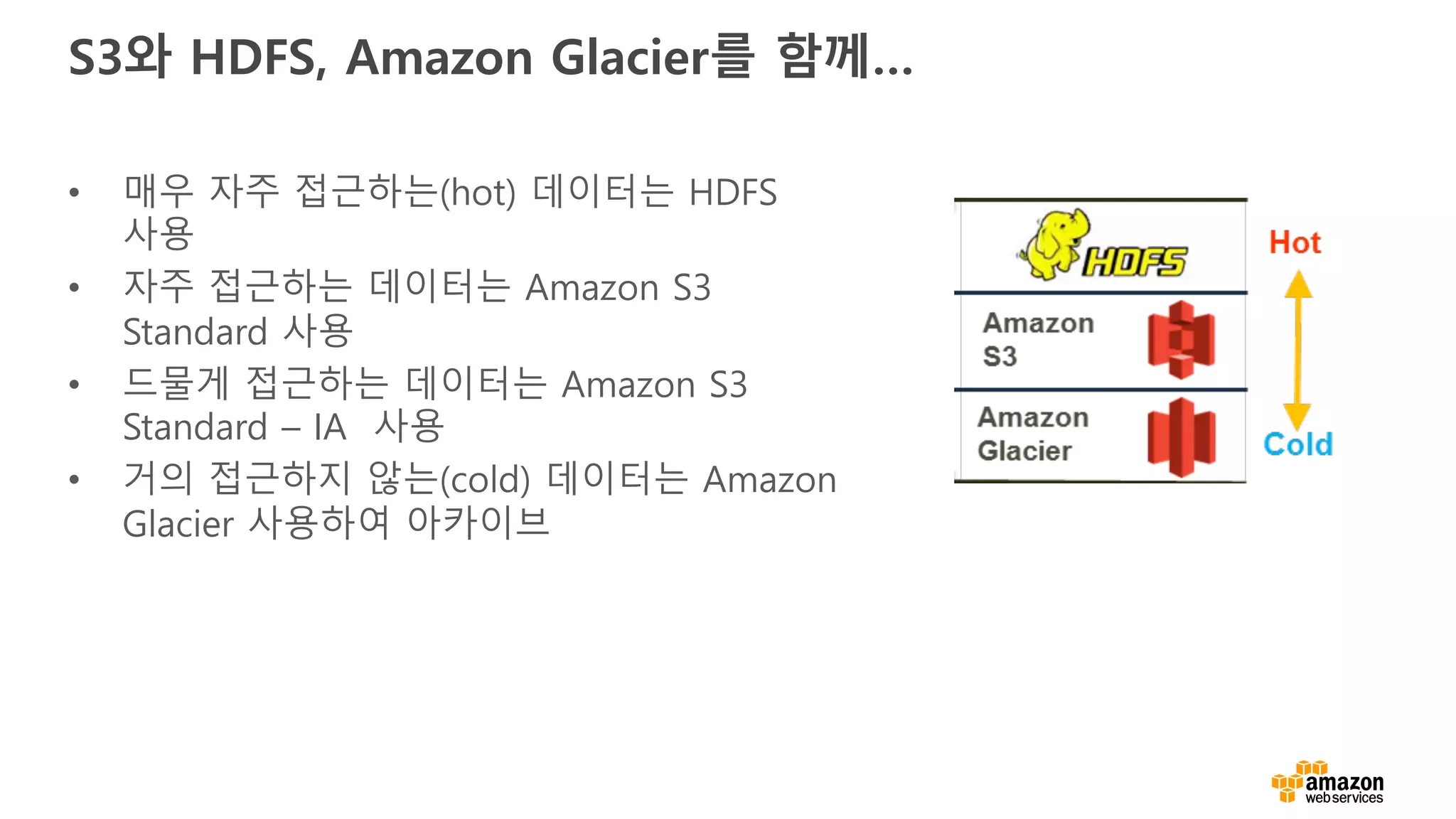 • 매우 자주 접근하는(hot) 데이터는 HDFS
사용
• 자주 접근하는 데이터는 Amazon S3
Standard 사용
• 드물게 접근하는 데이터는 Amazon S3
Standard – IA 사용
• 거의 접근하지 않는(cold) 데이터는 Amazon
Glacier 사용하여 아카이브
S3와 HDFS, Amazon Glacier를 함께…
 