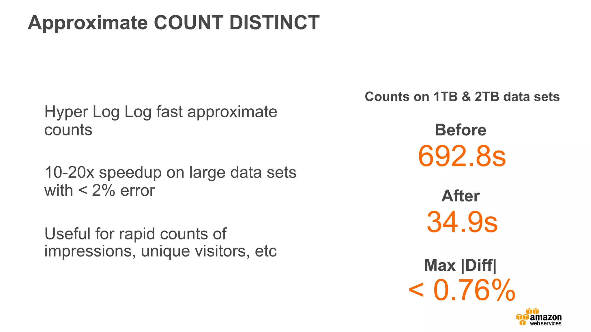 Approximate COUNT DISTINCT
692.8s
34.9s
< 0.76%
 