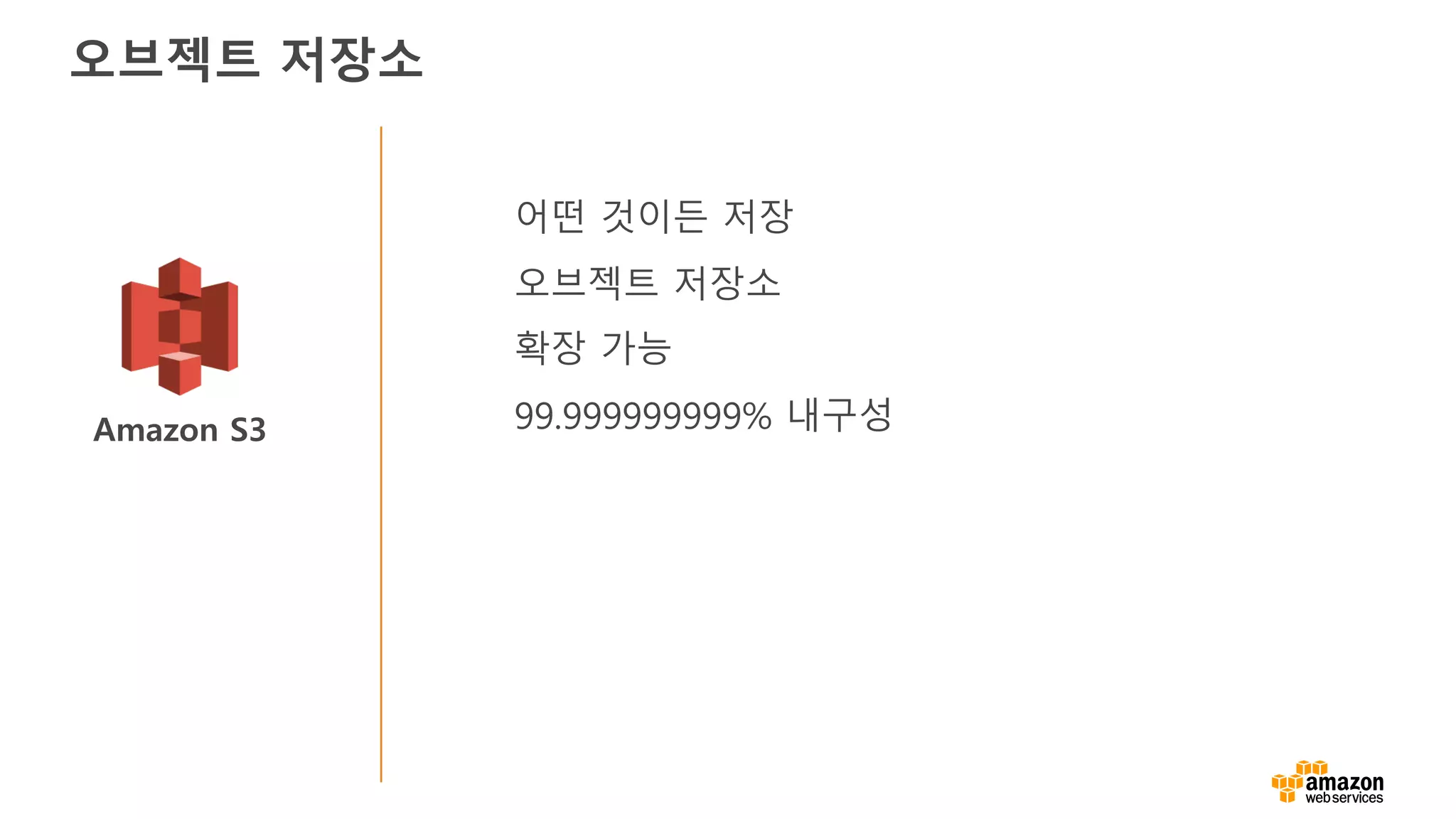 Amazon S3
어떤 것이든 저장
오브젝트 저장소
확장 가능
99.999999999% 내구성
오브젝트 저장소
 
