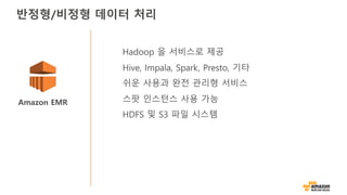 Amazon EMR
Hadoop 을 서비스로 제공
Hive, Impala, Spark, Presto, 기타
쉬운 사용과 완전 관리형 서비스
스팟 인스턴스 사용 가능
HDFS 및 S3 파일 시스템
반정형/비정형 데이터 처리
 