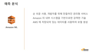 Amazon ML
손 쉬운 사용, 개발자를 위해 만들어진 관리형 서비스
Amazon 의 내부 시스템을 기반으로한 강력한 기술
AWS 에 저장되어 있는 데이터를 사용하여 모델 생성
예측 분석
 