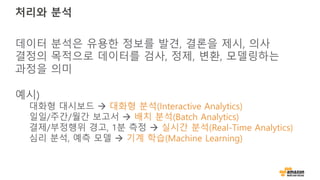 처리와 분석
데이터 분석은 유용한 정보를 발견, 결론을 제시, 의사
결정의 목적으로 데이터를 검사, 정제, 변환, 모델링하는
과정을 의미
예시)
대화형 대시보드 à 대화형 분석(Interactive Analytics)
일일/주간/월간 보고서 à 배치 분석(Batch Analytics)
결제/부정행위 경고, 1분 측정 à 실시간 분석(Real-Time Analytics)
심리 분석, 예측 모델 à 기계 학습(Machine Learning)
 