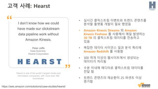 고객 사례: Hearst
Hearst is one of the world’s largest media and
information companies, with more than 360
businesses.
I don’t know how we could
have made our clickstream
data pipeline work without
Amazon Kinesis.
Peter Jaffe
Data Scientist,
Hearst Corporation
”
“ • 실시간 클릭스트림 이벤트와 트렌드 콘텐츠를
분석할 플랫폼 개발이 필요 했었음
• Amazon Kinesis Streams 와 Amazon
Kinesis Firehose 를 사용해서 매일 발생하는
30 TB 의 클릭스트림 데이터를 전송하고
있음
• 복잡한 데이터 사이언스 일과 분석 쿼리에
Amazon Redshift 를 사용함
• 300 여개 이상의 웹사이트에서 생성되는
데이터가 처리됨
• 수분 이내에 에디터로 클릭스트림 데이터를
전달 함
• 트렌드 콘텐츠의 재순환이 25 퍼센트 이상
증가함
https://aws.amazon.com/solutions/case-studies/hearst/
 
