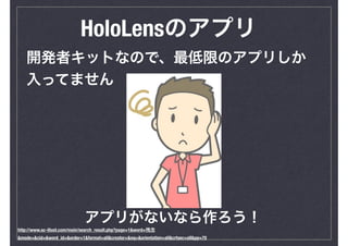 HoloLensのアプリ
開発者キットなので、最低限のアプリしか
入ってません
アプリがないなら作ろう！
http://www.ac-illust.com/main/search_result.php?page=1&word=残念
&mode=&cid=&word_id=&order=1&format=all&creator=&nq=&orientation=all&crtsec=all&pp=70
 