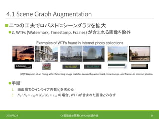 4.1 Scene Graph Augmentation
二つの工夫でロバストにシーングラフを拡大
2. WTFs (Watermark, Timestamp, Frames) が含まれる画像を除外
手順
1. 画面端でのインライアの数NSを求める
2. NS / NF > εSF ∨ NS / NE > εSE の場合、WTFsが含まれた画像とみなす
2016/7/24 CV勉強会@関東 CVPR2016読み会 14
[60]T.Weyand, et.al. Fixing wtfs: Detecting image matches caused by watermark, timestamps, and frames in internet photos
 