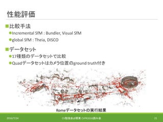 性能評価
比較手法
Incremental SfM : Bundler, Visual SfM
global SfM : Theia, DISCO
データセット
17種類のデータセットで比較
Quadデータセットはカメラ位置のground truth付き
2016/7/24 CV勉強会@関東 CVPR2016読み会 21
Romeデータセットの実行結果
 