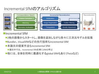 Incremental SfMのアルゴリズム
Incremental SfM
2枚の画像からスタートし、画像を追加しながら徐々に三次元モデルを拡張
Bundler、VisualSfMなどの先行技術もIncremental SfM
本論文の提案手法もIncremental SfM
論文中では、 Incremental SfMを単にSfMと呼ぶ
他には、全体を同時に最適化するglobal SfMもあり (Theiaなど)
2016/7/24 CV勉強会@関東 CVPR2016読み会 7
 