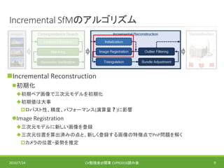 Incremental SfMのアルゴリズム
Incremental Reconstruction
初期化
初期ペア画像で三次元モデルを初期化
初期値は大事
ロバスト性、精度、パフォーマンス(演算量❓)に影響
Image Registration
三次元モデルに新しい画像を登録
三次元位置を算出済みの点と、新しく登録する画像の特徴点でPnP問題を解く
カメラの位置・姿勢を推定
2016/7/24 CV勉強会@関東 CVPR2016読み会 9
 