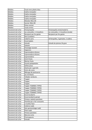 Mobles Taula nens plàstic blau
Mobles Cadira menjador
Mobles Cadira menjador
Mobles Cadira menjador
Mobles Cadira menjador
Mobles Matalàs 90x1,90
Mobles Somier 90x1,90
Mobles Potes somier
Mobles Taula centre
Parament de la llar Portaampolla Portampolla vimet/metàl·lic
Parament de la llar Joc estovalles + 6 tovallons Joc estovalles + 6 tovallons brodat
Parament de la llar Recipient per fer gelats Recipient per fer gelats
Parament de la llar Xino (colador)
Parament de la llar Coberts varis 10 forquilles, 2 ganivets, 1 cullera
Parament de la llar Escorreplats
Parament de la llar Edredó Edredó de plomes llit gran
Parament de la llar Sabater
Parament de la llar Prestatge raconer
Parament de la llar Vaporera
Parament de la llar Espremedora silicona
Parament de la llar Espremedora silicona
Parament de la llar Espremedora
Parament de la llar Corró fusta
Parament de la llar Morter fusta
Parament de la llar Guants pelapatates
Parament de la llar Safata pizza
Parament de la llar Aixeta per a garrafa
Parament de la llar Estris de cuina
Parament de la llar Mànega de pastisseria
Parament de la llar Joc d'embuts
Parament de la llar Tallador verdures
Parament de la llar Tupper
Parament de la llar Tupper
Parament de la llar Tupper
Parament de la llar Tupper TOMMEE TIPPEE
Parament de la llar Tupper TOMMEE TIPPEE
Parament de la llar Tupper TOMMEE TIPPEE
Parament de la llar Tupper TOMMEE TIPPEE
Parament de la llar Escorrecoberts
Parament de la llar Escorrecoberts penjat
Parament de la llar Pintxos i platets panotxes
Parament de la llar Plantilla per a fer croissants
Parament de la llar 2 motllos flam
Parament de la llar Culleres nadó
Parament de la llar Got aprenentatge nadó
Parament de la llar Pitet nadó
Parament de la llar Pintxos panotxes
Parament de la llar Bàscula cuina
Parament de la llar Premsapures
Parament de la llar Edredó
 