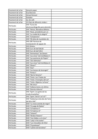Parament de la llar Llençols paper
Parament de la llar Guardacoses
Parament de la llar Llençol bressol
Parament de la llar Flotador
Parament de la llar Joc de cafè
Parament de la llar 25 Plats de diferents mides i
Pel·lícules
VHS “Curso de
electrocardiografía para atención
Pel·lícules VHS “Héroe, Maradona México
Pel·lícules VHS “Dave, presidente por un
Pel·lícules VHS “La ciudad de la alegría”
Pel·lícules VHS “Campeones”
Pel·lícules VHS “20 años de mundiales de
Pel·lícules
VHS 100 Técnicas de
manipulación de agujas de
Pel·lícules VHS Shiatsu
Pel·lícules DVD Curs de ball SALSA
Pel·lícules DVD Curs de ball VALS
Pel·lícules VHS "Animaniacs" de Steven
Pel·lícules VHS "Los cinco" de Enid Blyton 5
Pel·lícules VHS "Las aventuras de Pippin"
Pel·lícules VHS "101 Dálmatas"
Pel·lícules VHS "Los cinco" de Enid Blyton 6
Pel·lícules VHS "Oliver!"
Pel·lícules VHS "Sissi"
Pel·lícules VHS "Los leones de Serengeti"
Pel·lícules VHS "Porky's"
Pel·lícules DVD "Barrio Sésamo"
Pel·lícules VHS "Tintín. Les 7 boles de
Pel·lícules VHS "Tintín. El temples del sol"
Pel·lícules VHS "Tintín. Objectiu: la lluna"
Pel·lícules VHS "MI chica"
Pel·lícules VHS "Indiana Jones y la última
Pel·lícules VHS "Distrito Infierno"
Pel·lícules
VHS "Sport. Los goles de los
cracks brasileños"
Pel·lícules VHS "Sport. Del 0-5 al 5-0""
Pel·lícules
VHS "Catalunya vista des de l'aire
del XX al XXI"
Pel·lícules DVD "La novia vestida de negro"
Pel·lícules DVD "El juego de Ripley"
Pel·lícules DVD "El Padrino II"
Pel·lícules DVD "El Padrino III"
Pel·lícules DVD "Volveré"
Pel·lícules DVD "Broken flowers"
Pel·lícules DVD "Con faldas y a lo loco"
Pel·lícules DVD "Lady in the water"
Pel·lícules DVD "Los intocables de Elliot
Pel·lícules DVD "El guateque"
Pel·lícules DVD "Ladrón de bicicletas"
 