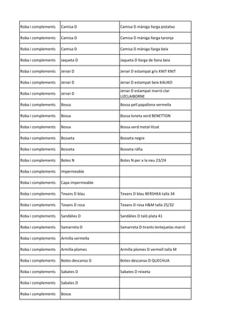 Roba i complements Camisa D Camisa D màniga llarga pistatxo
Roba i complements Camisa D Camisa D màniga llarga taronja
Roba i complements Camisa D Camisa D màniga llarga beix
Roba i complements Jaqueta D Jaqueta D llarga de llana beix
Roba i complements Jersei D Jersei D estampat gris KNIT KNIT
Roba i complements Jersei D Jersei D estampat beix KALIKO
Roba i complements Jersei D
Jersei D estampat marró clar
LIZCLAIBORNE
Roba i complements Bossa Bossa pell papallona vermella
Roba i complements Bossa Bossa loneta verd BENETTON
Roba i complements Bossa Bossa verd metal·litzat
Roba i complements Bosseta Bosseta negre
Roba i complements Bosseta Bosseta ràfia
Roba i complements Botes N Botes N per a la neu 23/24
Roba i complements Impermeable
Roba i complements Capa impermeable
Roba i complements Texans D blau Texans D blau BERSHKA talla 34
Roba i complements Texans D rosa Texans D rosa H&M talla 25/32
Roba i complements Sandàlies D Sandàlies D taló plata 41
Roba i complements Samarreta D Samarreta D tirants lentejuelas marró
Roba i complements Armilla vermella
Roba i complements Armilla plomes Armilla plomes D vermell talla M
Roba i complements Botes-descanso D Botes-descanso D QUECHUA
Roba i complements Sabates D Sabates D reixeta
Roba i complements Sabates D
Roba i complements Bossa
 