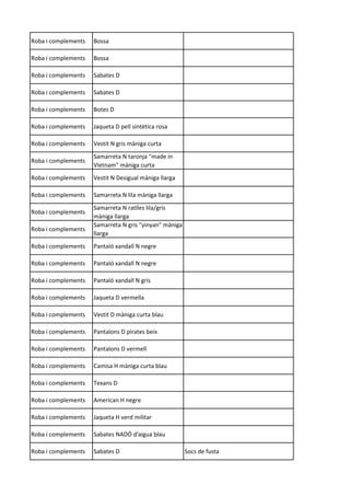 Roba i complements Bossa
Roba i complements Bossa
Roba i complements Sabates D
Roba i complements Sabates D
Roba i complements Botes D
Roba i complements Jaqueta D pell sintètica rosa
Roba i complements Vestit N gris màniga curta
Roba i complements
Samarreta N taronja "made in
Vietnam" màniga curta
Roba i complements Vestit N Desigual màniga llarga
Roba i complements Samarreta N lila màniga llarga
Roba i complements
Samarreta N ratlles lila/gris
màniga llarga
Roba i complements
Samarreta N gris "yinyan" màniga
llarga
Roba i complements Pantaló xandall N negre
Roba i complements Pantaló xandall N negre
Roba i complements Pantaló xandall N gris
Roba i complements Jaqueta D vermella
Roba i complements Vestit D màniga curta blau
Roba i complements Pantalons D pirates beix
Roba i complements Pantalons D vermell
Roba i complements Camisa H màniga curta blau
Roba i complements Texans D
Roba i complements American H negre
Roba i complements Jaqueta H verd militar
Roba i complements Sabates NADÓ d'aigua blau
Roba i complements Sabates D Socs de fusta
 