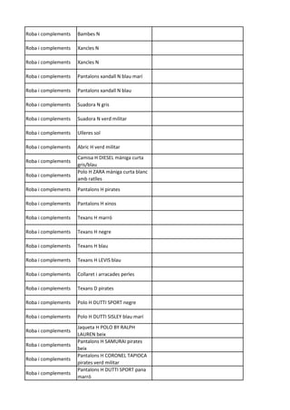 Roba i complements Bambes N
Roba i complements Xancles N
Roba i complements Xancles N
Roba i complements Pantalons xandall N blau marí
Roba i complements Pantalons xandall N blau
Roba i complements Suadora N gris
Roba i complements Suadora N verd militar
Roba i complements Ulleres sol
Roba i complements Abric H verd militar
Roba i complements
Camisa H DIESEL màniga curta
gris/blau
Roba i complements
Polo H ZARA màniga curta blanc
amb ratlles
Roba i complements Pantalons H pirates
Roba i complements Pantalons H xinos
Roba i complements Texans H marró
Roba i complements Texans H negre
Roba i complements Texans H blau
Roba i complements Texans H LEVIS blau
Roba i complements Collaret i arracades perles
Roba i complements Texans D pirates
Roba i complements Polo H DUTTI SPORT negre
Roba i complements Polo H DUTTI SISLEY blau marí
Roba i complements
Jaqueta H POLO BY RALPH
LAUREN beix
Roba i complements
Pantalons H SAMURAI pirates
beix
Roba i complements
Pantalons H CORONEL TAPIOCA
pirates verd militar
Roba i complements
Pantalons H DUTTI SPORT pana
marró
 