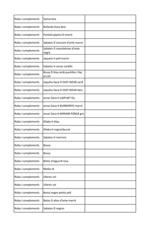 Roba i complements Samarreta
Roba i complements Bufanda llana beix
Roba i complements Pantaló pijama D marró
Roba i complements Sabates D mocasin d'ante marró
Roba i complements
Sabates D manoletines d'ante
negre
Roba i complements Jaqueta H pell marró
Roba i complements Sabates H sense cordills
Roba i complements
Brusa D blau amb puntilles i llaç
al coll
Roba i complements Jaqueta llana H EASY WEAR verd
Roba i complements Jaqueta llana H EASY WEAR beix
Roba i complements Jersei llana H LAIPUNT lila
Roba i complements Jersei llana H BURBERRYS marró
Roba i complements Jersei llana H MIRIAM PONSA gris
Roba i complements Xilaba H blau
Roba i complements Xilaba H negre/daurat
Roba i complements Sabates H marrons
Roba i complements Bossa
Roba i complements Bossa
Roba i complements Botes d'aigua N rosa
Roba i complements Malles N
Roba i complements Ulleres sol
Roba i complements Ulleres sol
Roba i complements Bossa negre petita pell
Roba i complements Botes D altes d'ante marró
Roba i complements Sabates D negres
 