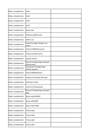 Roba i complements Anell
Roba i complements Anell
Roba i complements Anell
Roba i complements Anell
Roba i complements Bossa roba
Roba i complements Disfressa faldilla romà
Roba i complements Ulleres sol
Roba i complements
Jersei N vintage màniga curta
marró
Roba i complements Parka D FORMULA marró
Roba i complements Parka D LEFTIES marró
Roba i complements Jaqueta texana
Roba i complements
Brusa D màniga llarga estampat
floretes verd
Roba i complements
Samarreta D màniga llarga
brillant esquena
Roba i complements Parka D BERSHKA beix
Roba i complements Suadora D estampat diari gris
Roba i complements Pantalons D beix
Roba i complements Jersei D coll alt granate
Roba i complements
Brusa D màniga llarga estampat
blau
Roba i complements Bossa roba MISAKO
Roba i complements Bossa roba BOSS
Roba i complements Bossa roba PUMA
Roba i complements Cinturo pell
Roba i complements Cinturo pell
Roba i complements Cinturo pell
Roba i complements Cinturo pell
 