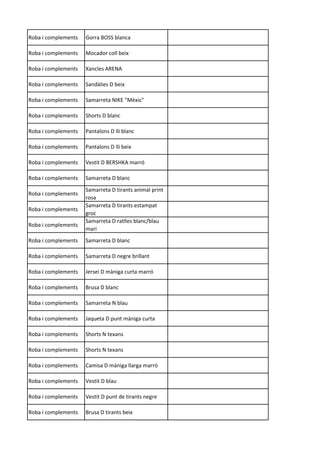 Roba i complements Gorra BOSS blanca
Roba i complements Mocador coll beix
Roba i complements Xancles ARENA
Roba i complements Sandàlies D beix
Roba i complements Samarreta NIKE "Mèxic"
Roba i complements Shorts D blanc
Roba i complements Pantalons D lli blanc
Roba i complements Pantalons D lli beix
Roba i complements Vestit D BERSHKA marró
Roba i complements Samarreta D blanc
Roba i complements
Samarreta D tirants animal print
rosa
Roba i complements
Samarreta D tirants estampat
groc
Roba i complements
Samarreta D ratlles blanc/blau
marí
Roba i complements Samarreta D blanc
Roba i complements Samarreta D negre brillant
Roba i complements Jersei D màniga curta marró
Roba i complements Brusa D blanc
Roba i complements Samarreta N blau
Roba i complements Jaqueta D punt màniga curta
Roba i complements Shorts N texans
Roba i complements Shorts N texans
Roba i complements Camisa D màniga llarga marró
Roba i complements Vestit D blau
Roba i complements Vestit D punt de tirants negre
Roba i complements Brusa D tirants beix
 