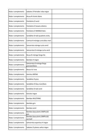 Roba i complements Sabates D folrades roba negre
Roba i complements Brusa N tirants blanc
Roba i complements Pantalons D verd
Roba i complements Pantalons D texans elàstics
Roba i complements Pantalons D MANGO beix
Roba i complements Sandàlies D taló quadrets vichy
Roba i complements Camisa H màniga curta blau marí
Roba i complements Samarreta màniga curta verd
Roba i complements Samarreta D màniga curta verd
Roba i complements Brusa N màniga llarga lila
Roba i complements Bambes H negre
Roba i complements
Samarreta D màniga llarga
granate/blanc
Roba i complements Bossa tul rosa
Roba i complements Xancles ARENA
Roba i complements Sandàlies D groc
Roba i complements Sandàlies D blau marí/beix
Roba i complements Sandàlies D taló verd
Roba i complements Xancles negre
Roba i complements Bambes MUSTANG
Roba i complements Bambes gris
Roba i complements Bambes verd
Roba i complements
Bambes basculants SIMPULSE
gris
Roba i complements
Bambes basculants SIMPULSE
vermell
Roba i complements Samarreta esportiva H negre
Roba i complements Sabates D planes vellut negre
 