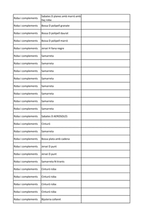 Roba i complements
Sabates D planes amb marró amb
llaç roba
Roba i complements Bossa D polipell granate
Roba i complements Bossa D polipell daurat
Roba i complements Bossa D polipell marró
Roba i complements Jersei H llana negre
Roba i complements Samarreta
Roba i complements Samarreta
Roba i complements Samarreta
Roba i complements Samarreta
Roba i complements Samarreta
Roba i complements Samarreta
Roba i complements Samarreta
Roba i complements Samarreta
Roba i complements Sabates D AEROSOLES
Roba i complements Cinturó
Roba i complements Samarreta
Roba i complements Bossa plata amb cadena
Roba i complements Jersei D punt
Roba i complements Jersei D punt
Roba i complements Samarreta N tirants
Roba i complements Cinturó roba
Roba i complements Cinturó roba
Roba i complements Cinturó roba
Roba i complements Cinturó roba
Roba i complements Bijuteria collaret
 