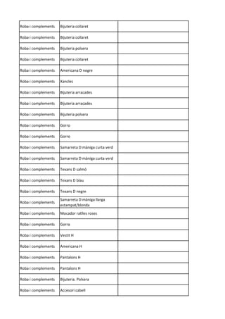 Roba i complements Bijuteria collaret
Roba i complements Bijuteria collaret
Roba i complements Bijuteria polsera
Roba i complements Bijuteria collaret
Roba i complements Americana D negre
Roba i complements Xancles
Roba i complements Bijuteria arracades
Roba i complements Bijuteria arracades
Roba i complements Bijuteria polsera
Roba i complements Gorro
Roba i complements Gorro
Roba i complements Samarreta D màniga curta verd
Roba i complements Samarreta D màniga curta verd
Roba i complements Texans D salmó
Roba i complements Texans D blau
Roba i complements Texans D negre
Roba i complements
Samarreta D màniga llarga
estampat/blonda
Roba i complements Mocador ratlles roses
Roba i complements Gorra
Roba i complements Vestit H
Roba i complements Americana H
Roba i complements Pantalons H
Roba i complements Pantalons H
Roba i complements Bijuteria. Polsera
Roba i complements Accesori cabell
 