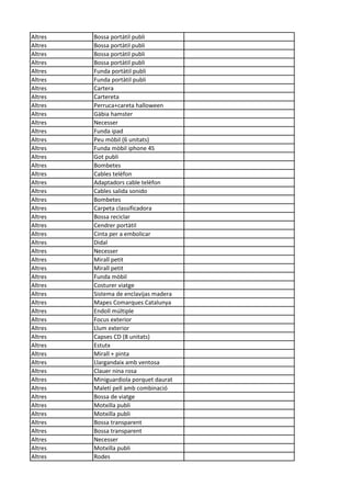 Altres Bossa portàtil publi
Altres Bossa portàtil publi
Altres Bossa portàtil publi
Altres Bossa portàtil publi
Altres Funda portàtil publi
Altres Funda portàtil publi
Altres Cartera
Altres Cartereta
Altres Perruca+careta halloween
Altres Gàbia hamster
Altres Necesser
Altres Funda ipad
Altres Peu mòbil (6 unitats)
Altres Funda mòbil iphone 4S
Altres Got publi
Altres Bombetes
Altres Cables telèfon
Altres Adaptadors cable telèfon
Altres Cables salida sonido
Altres Bombetes
Altres Carpeta classificadora
Altres Bossa reciclar
Altres Cendrer portàtil
Altres Cinta per a embolicar
Altres Didal
Altres Necesser
Altres Mirall petit
Altres Mirall petit
Altres Funda mòbil
Altres Costurer viatge
Altres Sistema de enclavijas madera
Altres Mapes Comarques Catalunya
Altres Endoll múltiple
Altres Focus exterior
Altres Llum exterior
Altres Capses CD (8 unitats)
Altres Estutx
Altres Mirall + pinta
Altres Llargandaix amb ventosa
Altres Clauer nina rosa
Altres Miniguardiola porquet daurat
Altres Maletí pell amb combinació
Altres Bossa de viatge
Altres Motxilla publi
Altres Motxilla publi
Altres Bossa transparent
Altres Bossa transparent
Altres Necesser
Altres Motxilla publi
Altres Rodes
 