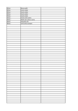 Altres Bossa publi
Altres Llums cotxe
Altres Llums cotxe
Altres Llums cotxe
Altres Llums cotxe
Altres Estutx amb colors
Altres Rodes per a bici o carro
Altres Etiquetes CD
Altres Carro de la compra
 