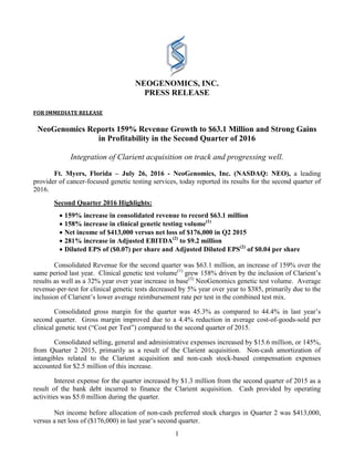 1
NEOGENOMICS, INC.
PRESS RELEASE
FOR IMMEDIATE RELEASE
NeoGenomics Reports 159% Revenue Growth to $63.1 Million and Strong Gains
in Profitability in the Second Quarter of 2016
Integration of Clarient acquisition on track and progressing well.
Ft. Myers, Florida – July 26, 2016 - NeoGenomics, Inc. (NASDAQ: NEO), a leading
provider of cancer-focused genetic testing services, today reported its results for the second quarter of
2016.
Second Quarter 2016 Highlights:
• 159% increase in consolidated revenue to record $63.1 million
• 158% increase in clinical genetic testing volume(1)
• Net income of $413,000 versus net loss of $176,000 in Q2 2015
• 281% increase in Adjusted EBITDA(2)
to $9.2 million
• Diluted EPS of ($0.07) per share and Adjusted Diluted EPS(2)
of $0.04 per share
Consolidated Revenue for the second quarter was $63.1 million, an increase of 159% over the
same period last year. Clinical genetic test volume(1)
grew 158% driven by the inclusion of Clarient’s
results as well as a 32% year over year increase in base(3)
NeoGenomics genetic test volume. Average
revenue-per-test for clinical genetic tests decreased by 5% year over year to $385, primarily due to the
inclusion of Clarient’s lower average reimbursement rate per test in the combined test mix.
Consolidated gross margin for the quarter was 45.3% as compared to 44.4% in last year’s
second quarter. Gross margin improved due to a 4.4% reduction in average cost-of-goods-sold per
clinical genetic test (“Cost per Test”) compared to the second quarter of 2015.
Consolidated selling, general and administrative expenses increased by $15.6 million, or 145%,
from Quarter 2 2015, primarily as a result of the Clarient acquisition. Non-cash amortization of
intangibles related to the Clarient acquisition and non-cash stock-based compensation expenses
accounted for $2.5 million of this increase.
Interest expense for the quarter increased by $1.3 million from the second quarter of 2015 as a
result of the bank debt incurred to finance the Clarient acquisition. Cash provided by operating
activities was $5.0 million during the quarter.
Net income before allocation of non-cash preferred stock charges in Quarter 2 was $413,000,
versus a net loss of ($176,000) in last year’s second quarter.
 