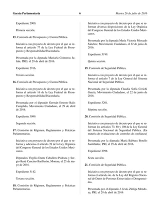 Expediente 2900.
Primera sección.
15. Comisión de Presupuesto y Cuenta Pública.
Iniciativa con proyecto de decreto por el que se re-
forma el artículo 77 de la Ley Federal de Presu-
puesto y Responsabilidad Hacendaria.
Presentada por la diputada Maricela Contreras Ju-
lián, PRD, el 29 de abril de 2016.
Expediente 2916.
Tercera sección.
16. Comisión de Presupuesto y Cuenta Pública.
Iniciativa con proyecto de decreto por el que se re-
forma el artículo 16 de la Ley Federal de Presu-
puesto y Responsabilidad Hacendaria.
Presentada por el diputado Germán Ernesto Ralis
Cumplido, Movimiento Ciudadano, el 29 de abril
de 2016.
Expediente 3099.
Segunda sección.
17. Comisión de Régimen, Reglamentos y Prácticas
Parlamentarias.
Iniciativa con proyecto de decreto por el que se re-
forma y adiciona el artículo 39 de la Ley Orgánica
del Congreso General de los Estados Unidos Mexi-
canos.
Diputados Virgilio Dante Caballero Pedraza y Ser-
gio René Cancino Barffusón, Morena, el 25 de ma-
yo de 2016.
Expediente 3142.
Tercera sección.
18. Comisión de Régimen, Reglamentos y Prácticas
Parlamentarias.
Iniciativa con proyecto de decreto por el que se re-
forman diversas disposiciones de la Ley Orgánica
del Congreso General de los Estados Unidos Mexi-
canos.
Presentada por la diputada María Victoria Mercado
Sánchez, Movimiento Ciudadano, el 22 de junio de
2016.
Expediente 3199.
Quinta sección.
19. Comisión de Seguridad Pública.
Iniciativa con proyecto de decreto por el que se re-
forma el artículo 7 de la Ley General del Sistema
Nacional de Seguridad Pública.
Presentada por la diputada Claudia Sofía Corichi
García, Movimiento Ciudadano, el 22 de junio de
2016.
Expediente 3201.
Séptima sección.
20. Comisión de Seguridad Pública.
Iniciativa con proyecto de decreto por el que se re-
forman los artículos 73, 88 y 108 de la Ley General
del Sistema Nacional de Seguridad Pública. (En
materia de evaluaciones de controles de confianza)
Presentada por la diputada María Bárbara Botello
Santibáñez, PRI, el 29 de abril de 2016.
Expediente 2998.
Sexta sección.
21. Comisión de Seguridad Pública.
Iniciativa con proyecto de decreto por el que se re-
forma el artículo 4o. de la Ley del Registro Nacio-
nal de Datos de Personas Extraviadas o Desapareci-
das.
Presentada por el diputado J. Jesús Zúñiga Mendo-
za, PRI, el 29 de abril de 2016
Gaceta Parlamentaria Martes 26 de julio de 20166
 