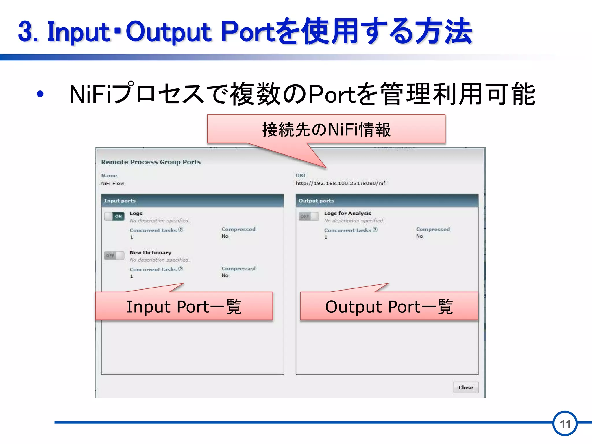 11
3. Input・Output Portを使用する方法
• NiFiプロセスで複数のPortを管理利用可能
接続先のNiFi情報
Input Port一覧 Output Port一覧
 