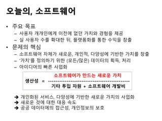 • 주요 목표
– 사용자 개개인에게 이전에 없던 가치와 경험을 제공
– 실 사용자 수를 확대한 뒤, 플랫폼화를 통한 수익을 창출
• 문제의 핵심
– 소프트웨어 자체가 새로운, 개인적, 다양성에 기반한 가치를 창출
– ‘가치’를 정의하기 위한 (모든/많은) 데이터의 획득, 처리
– 아이디어의 빠른 사업화
 개인화된 서비스, 다양성에 기반한 새로운 가치의 사업화
 새로운 것에 대한 대응 속도
 공공 데이터에의 접근성, 개인정보의 보호
소프트웨어가 만드는 새로운 가치
생산성 = --------------------------------------------
기타 투입 자원 + 소프트웨어 개발비
오늘의, 소프트웨어
 