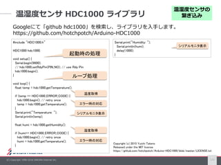 (C) Copyright 1996-2016 SAKURA Internet Inc.
温湿度センサ HDC1000 ライブラリ
16
#include "HDC1000.h"
HDC1000 hdc1000;
void setup() {
...