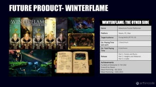 FUTURE PRODUCT- WINTERFLAME
WINTERFLAME: THE OTHER SIDE
Genre Adventure Puzzle Platformer
Platform Steam, PC, Mac
Target Audience Young Adults (RT PG 13)
Est. Playing Time
(per part)
2 (two) hours
Est. Total Playing
Time
6 (six) hours
Release
Part 1: Forest and Ruins
Part 2: Heights and Waterarc
Part 3: Cradle
Achievements
Funded at Kickstarter $ 71K CAD
Greenlit by Steam
Most Promising - IGS 2014
Most Promising – GDG 2015
 