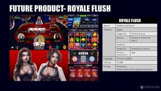 ROYALE FLUSH
Genre Mobile Card Game
Platform Apple
Target OS: iOS 6.0 and up
Device: iPhone 4- iPhone 6S
iPad 2
Android
Target OS: Android 4.1 and up
Minimum
Requirements
TBA
Language: Primary: English
File Size 75 MB
Pricing Freemium
(Free-to-Play with in-game purchases)
FUTURE PRODUCT- ROYALE FLUSH
 
