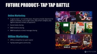 FUTURE PRODUCT- TAP TAP BATTLE
Online Marketing:
• In-game event – on monthly basis, the game provide objectives for
player to achieve, such as high-score, play certain category, play
against required number of opponents
• Social media sharing
• BBM timeline sharing
• BBM broadcast or direct message sharing
Offline Marketing:
• Offline competition (e-sport event)
• TapTap battle game community
 