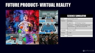 SCIENCE SIMULATOR
Genre Virtual Reality Game
Platform Windows
Target OS: Windows 7 and up
Minimum
Requirements
Nvidia GTX 970 Graphic card,
HTC Vive or Oculus rift
Language: Primary: English
File Size 1.2 GB
Pricing Premium
FUTURE PRODUCT- VIRTUAL REALITY
 