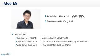About Me
Experience
Mar. 2016 – Present Dept. Tech. 2 @ Serverworks
Apr. 2015 – Feb. 2016 Job rotation as newcomer training @ Serverworks
Apr. 2012 – Mar. 2015 Ph.D student in Fluid Mechanics
Takahisa Shiratori 白鳥 貴久
Serverworks Co., Ltd.
 
