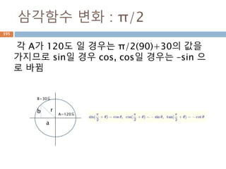 행렬 : 내적 dot(곱셈)
N*M 과 M* N인 행렬에 대한 dot 연산 처리 결과는
M*M으로 나옴
( xij )( yij )=(∑kxikykj​​)
a1 a2
a3 a4
b1 b2
b3 b4
a1*b1+a1*b3 a2*b2+a2*b4
a3*b1+a3*b3 a4*b2+a4*b4
=
.
395
 