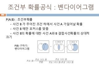 조건부 확률공식 : 벤다이어그램
P(A|B) : 조건부확률
• 사건 B 가 주어진 조건 하에서 사건 A 가일어날 확률
• 사건 B 에만 포커스를 맞춤
• 사건 B의 확률에 대한 사건 A와 B 결합사건확률의 상대적
크기
932
P(B) 구하기:
벤다이어그램
 
