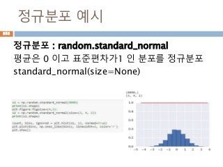 정규분포 예시
정규분포 : random.standard_normal
평균은 0 이고 표준편차가1 인 분포를 정규분포
standard_normal(size=None)
958
 