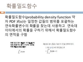 확률밀도함수
확률밀도함수(probability density function 약
자 PDF )f(x)는 일정한 값들의 범위를 포괄하는
연속확률변수의 확률을 찾는데 사용하고 연속데
이터에서의 확률을 구하기 위해서 확률밀도함수
의 면적을 구함
960
확률 밀도함수 f(x)와 구간[a,b] 에
대해 확률변수 X가 구간에 포함될
확률 P(a<= X<=b)는
 