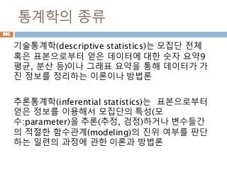 통계학의 종류
기술통계학(descriptive statistics)는 모집단 전체
혹은 표본으로부터 얻은 데이터에 대한 숫자 요약9
평균, 분산 등)이나 그래표 요약을 통해 데이터가 가
진 정보를 정리하는 이론이나 방법론
추론통계학(inferential statistics)는 표본으로부터
얻은 정보를 이용해서 모집단의 특성(모
수:parameter)을 추론(추정, 검정)하거나 변수들간
의 적절한 함수관계(modeling)의 진위 여부를 판단
하는 일련의 과정에 관한 이론과 방법론
992
 