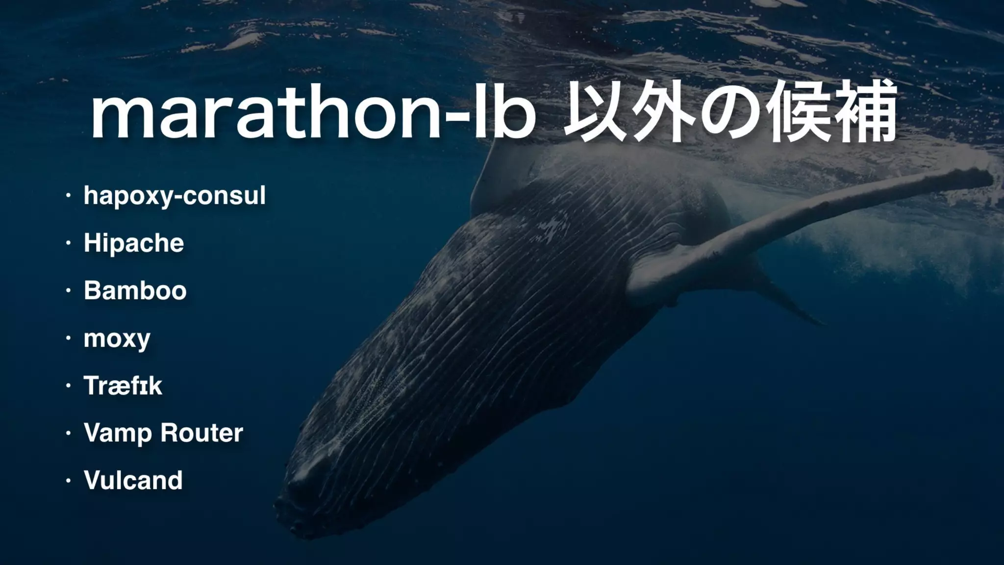 marathon-lb 以外の候補
• haproxy-consul
• Hipache
• Bamboo
• moxy
• Træfɪk
• Vamp Router
• Vulcand
 